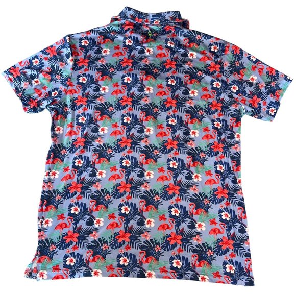 Mens Tailor Byrd Tropical Flamingo Print Blue/Red Wicking SPF 30 Polo Shirt - L - Picture 2 of 6